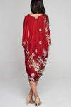 Model wearing red chiffon kimono with floral prints